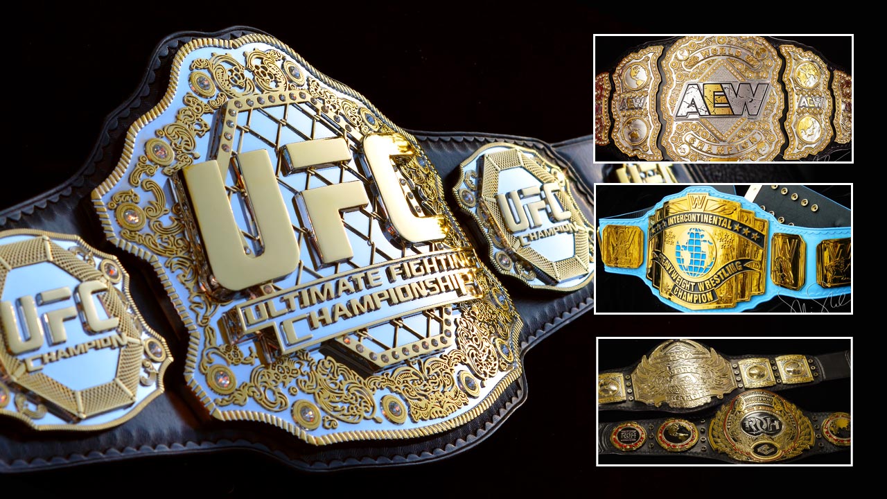 premium championsip belts inludingUFC, AEW, and WWE Intercontinental replicas