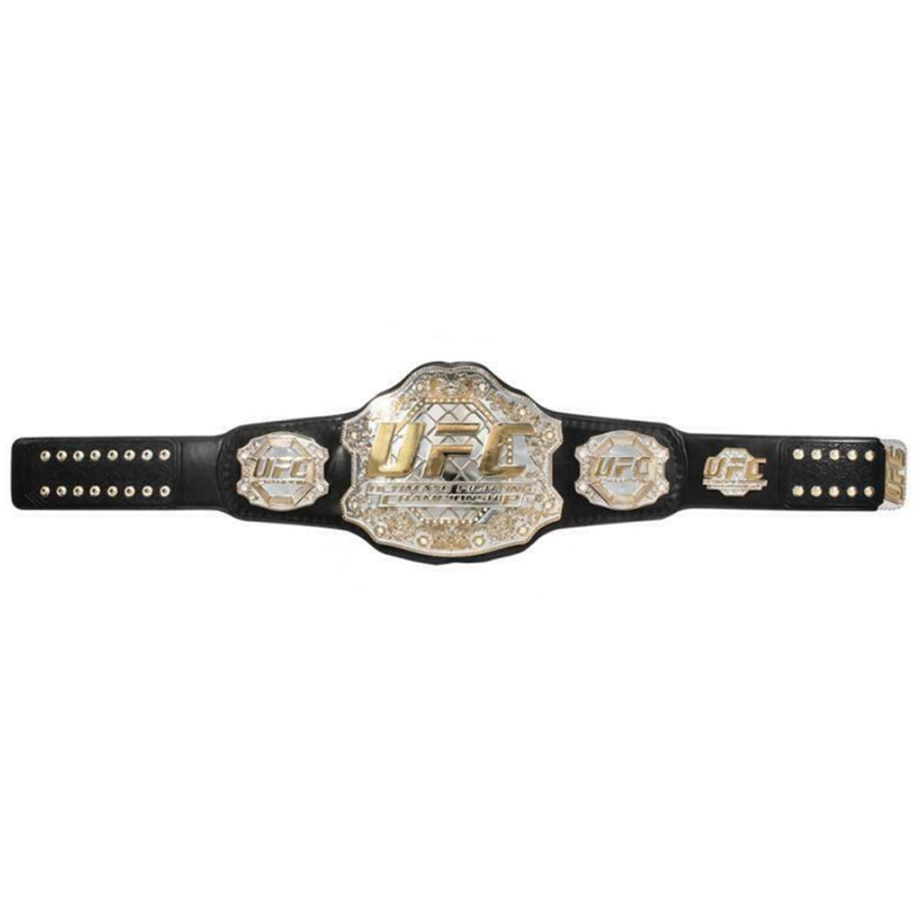 Classic UFC title belt for sale with detailed gold plates and black leather strap from Champions Forge