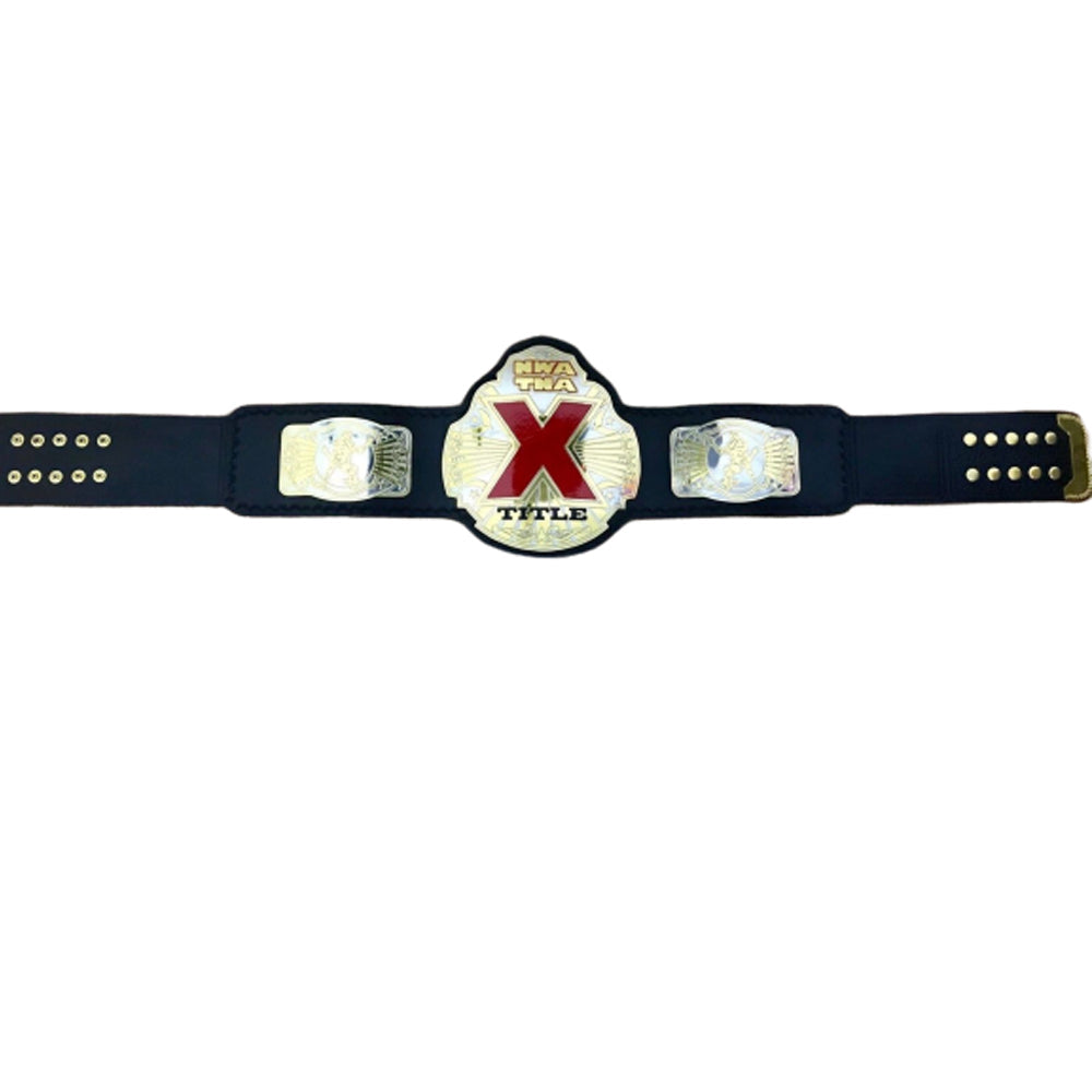 NWA TNA X Division championship belt with black strap and gold plated plates from Champions Forge
