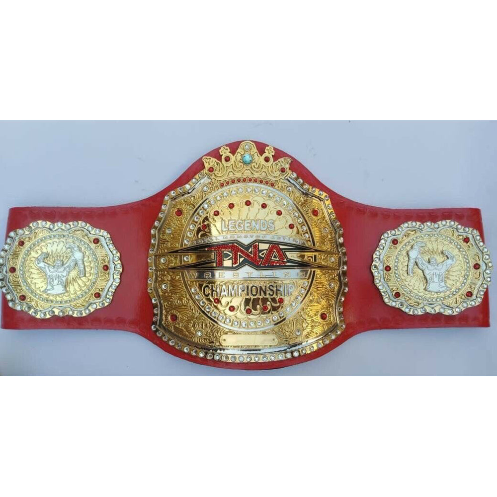 TNA Legends championship belt with gold plates and red leather strap from Champions Forge