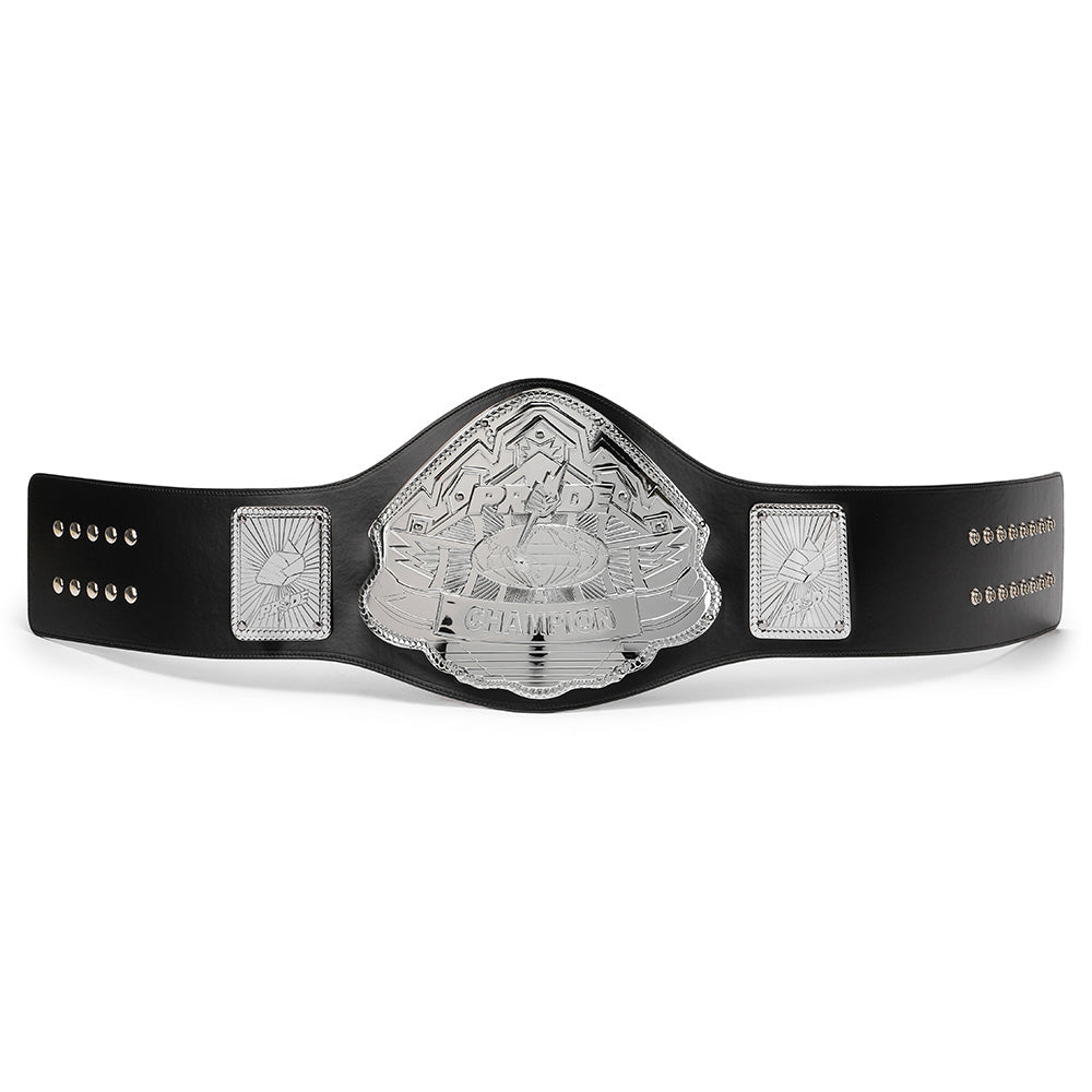 Pride style MMA belt for sale with silver plates and black leather strap by Champions Forge