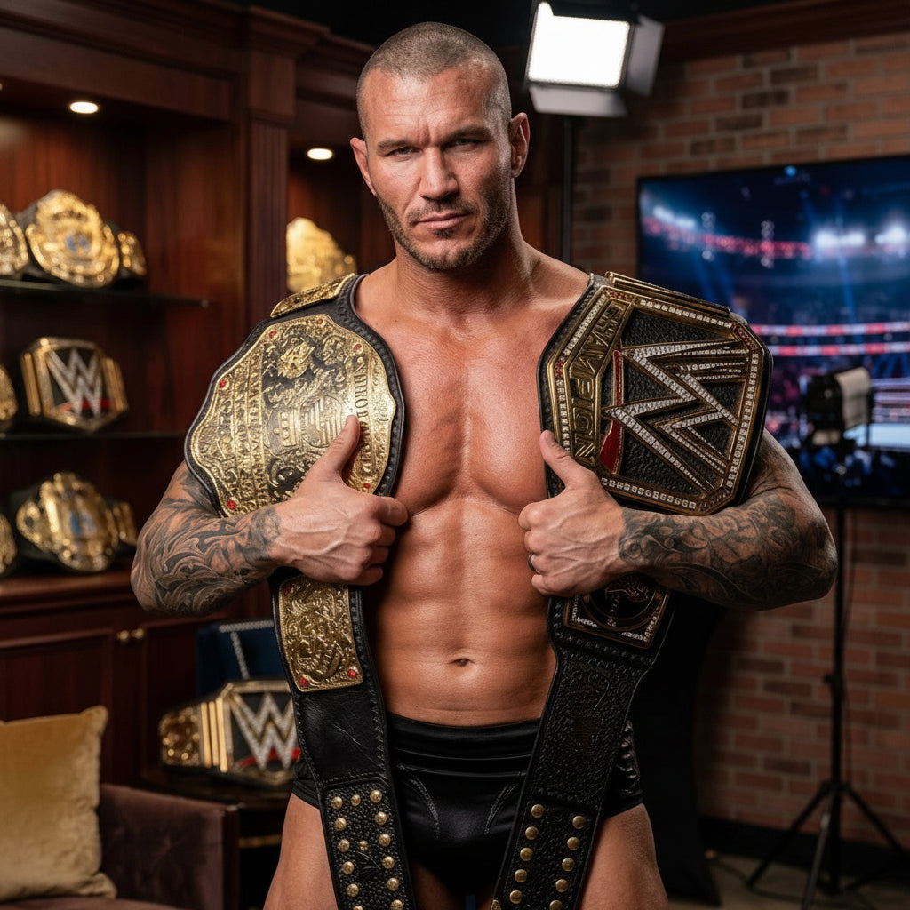 Muscular man holding two championship belts in a room with wrestling memorabilia.
