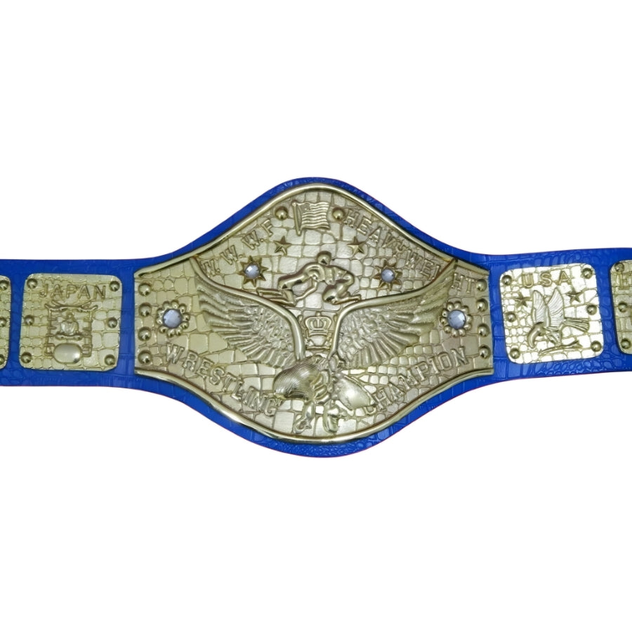 Classic 1970s Heavyweight Wrestling Championship Belt – Blue Strap (Vintage Eagle Design)