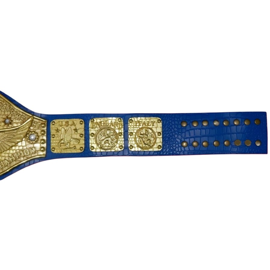 Classic 1970s Heavyweight Wrestling Championship Belt – Blue Strap (Vintage Eagle Design)