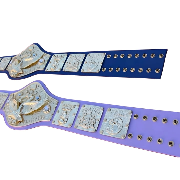 Classic 1970s Heavyweight Wrestling Championship Belt – Blue Strap (Vintage Eagle Design)