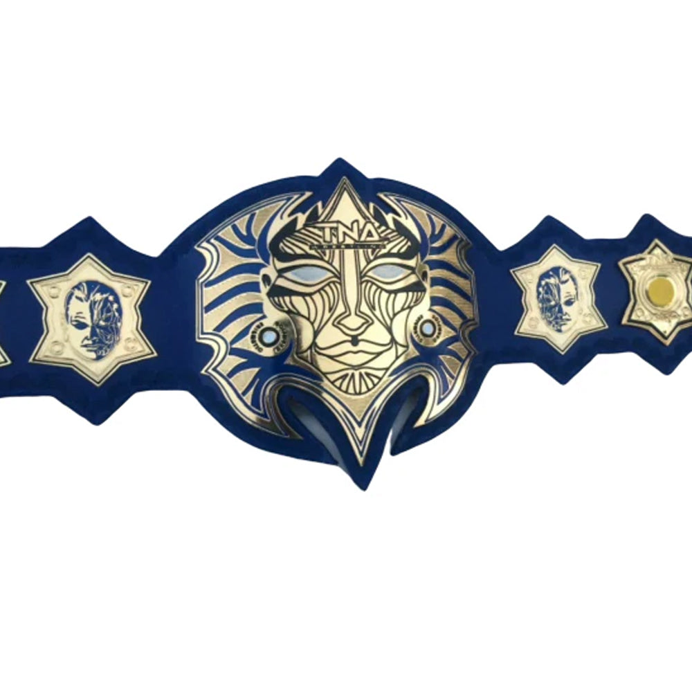 TNA Jeff Hardy championship belt with intricate gold and blue face design from Champions Forge