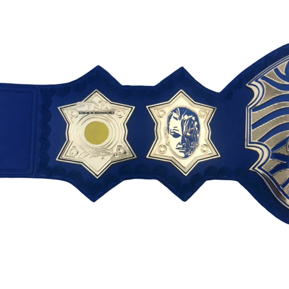 TNA Jeff Hardy championship belt replica with detailed side plates and blue strap by Champions Forge