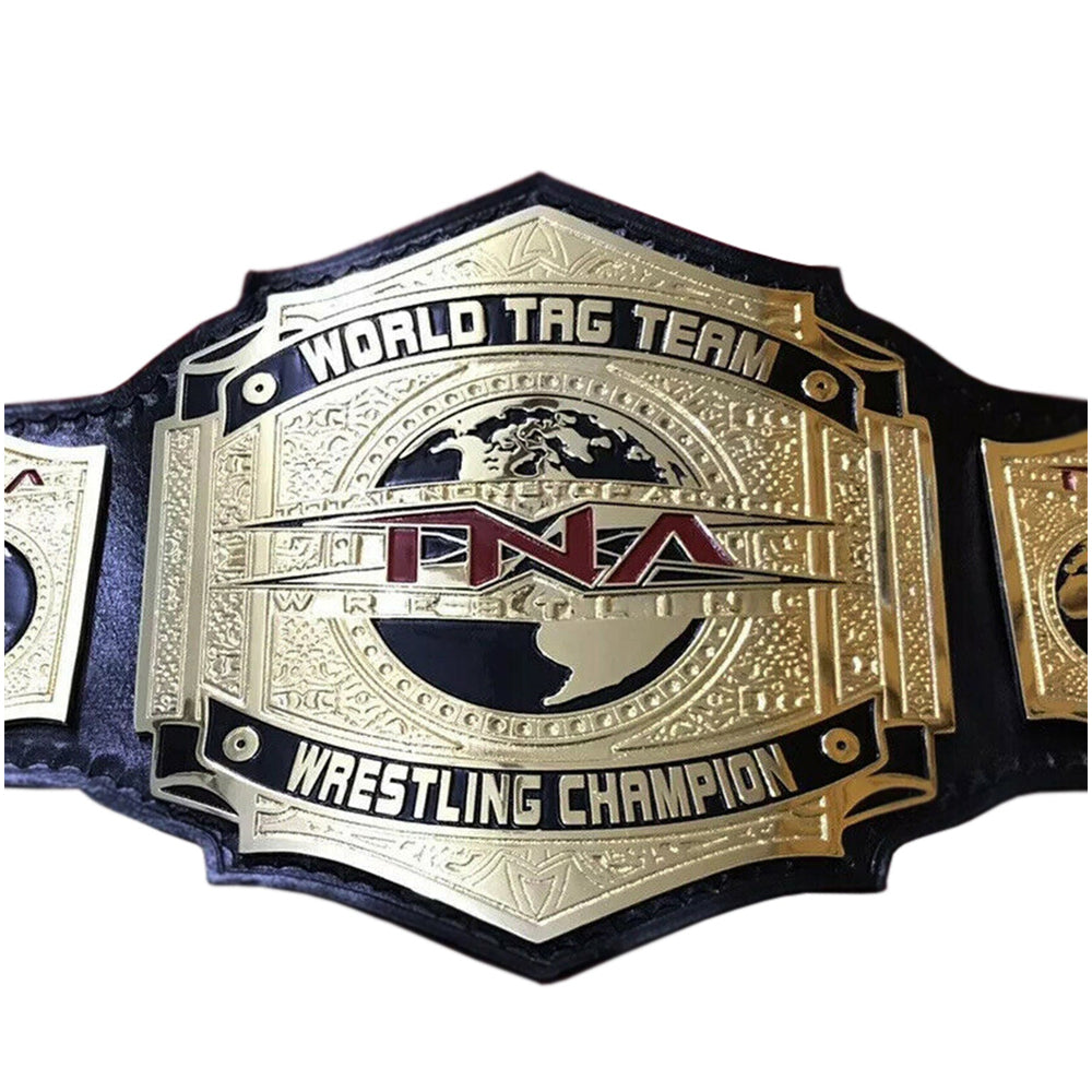 TNA tag team championship belt with detailed gold and black design and world map emblem