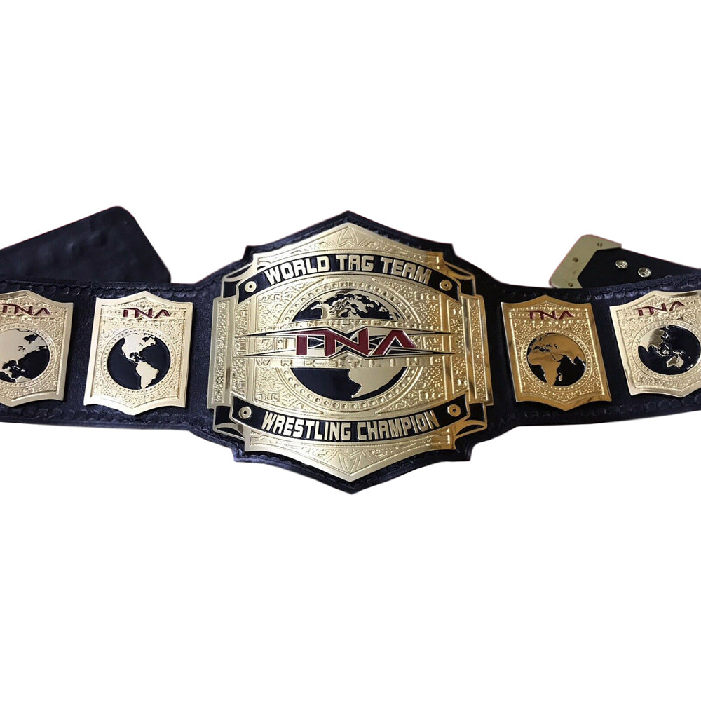 TNA tag team championship belt with gold plates and black leather strap from Champions Forge