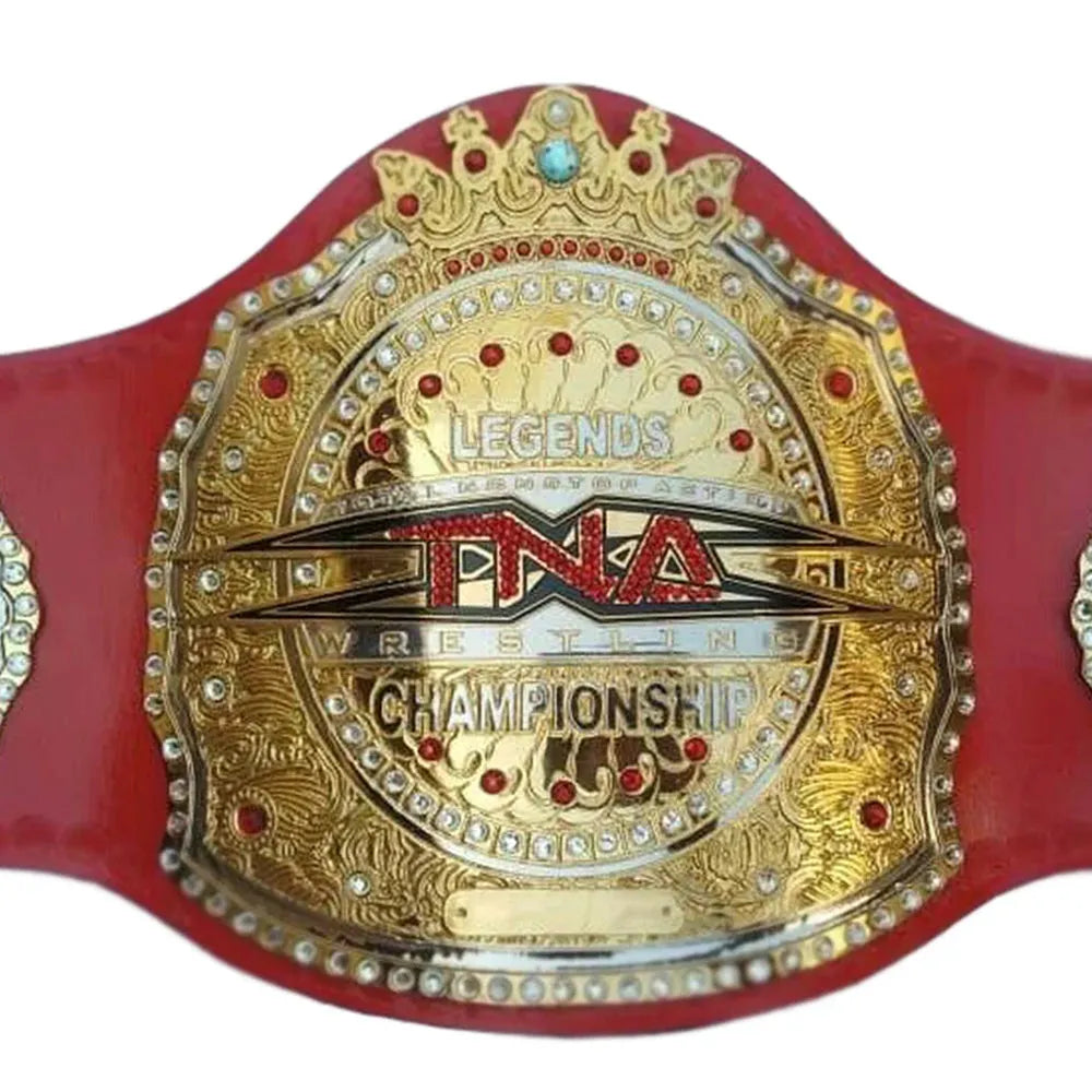 TNA Tag Team Championship replica belt with gold detailing and red leather strap by Champions Forge