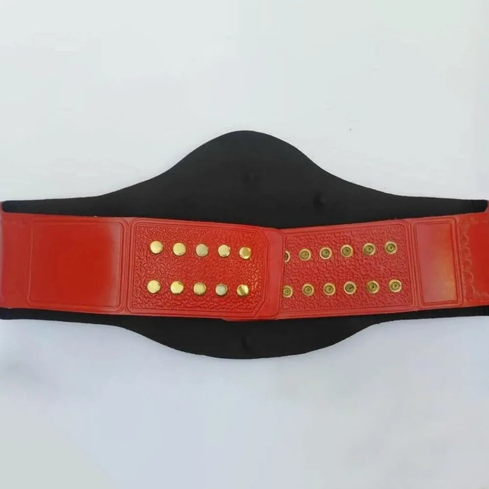 Back view of TNA Tag Team Championship replica belt with red strap and gold studs from Champions Forge
