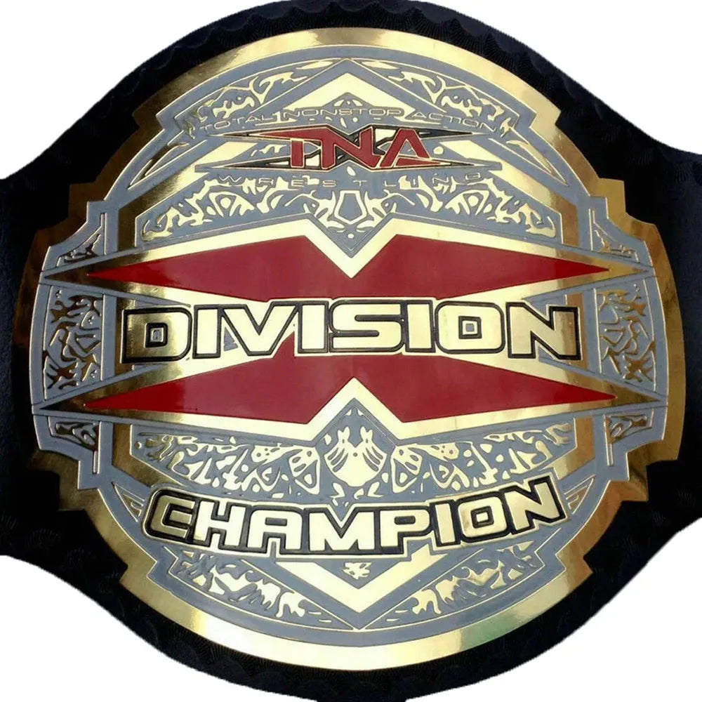 TNA X Division championship belt with red and gold detailed design by Champions Forge