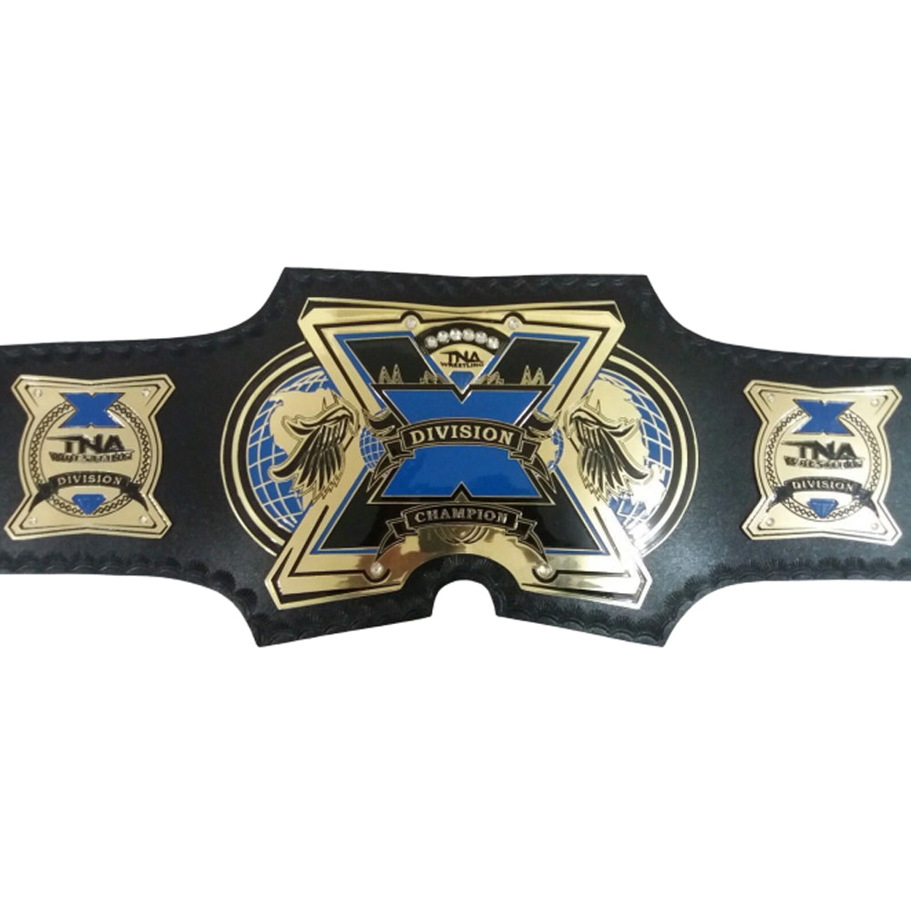 TNA X Division Championship Belt for sale with black leather and gold blue detailed plates