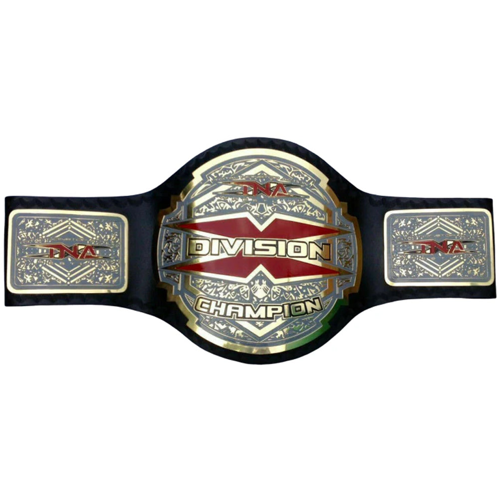 TNA X Division championship belt with gold and red accents and black leather strap