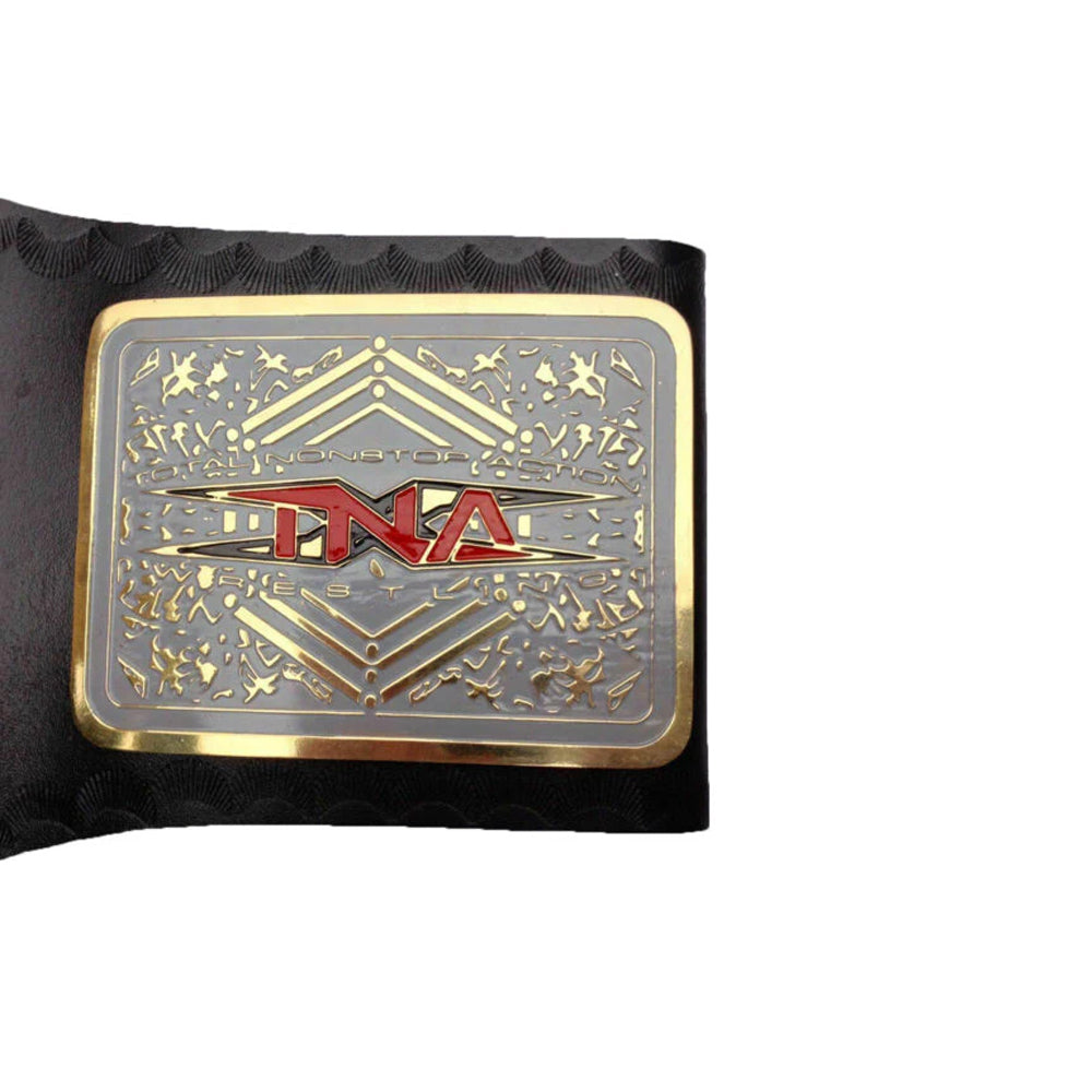 TNA X Division championship belt with gold and silver plate on black strap by Champions Forge