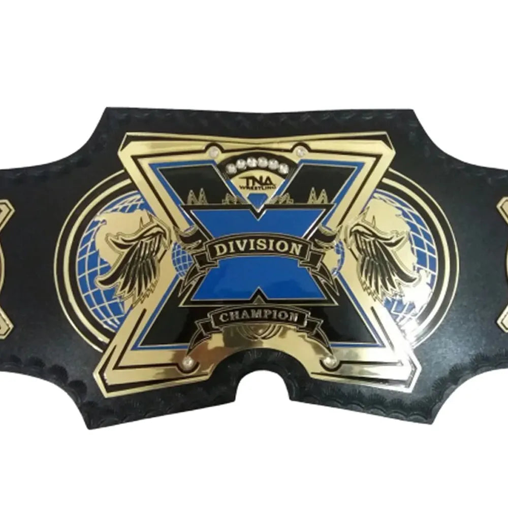 TNA X Division replica belt with gold and blue design by Champions Forge