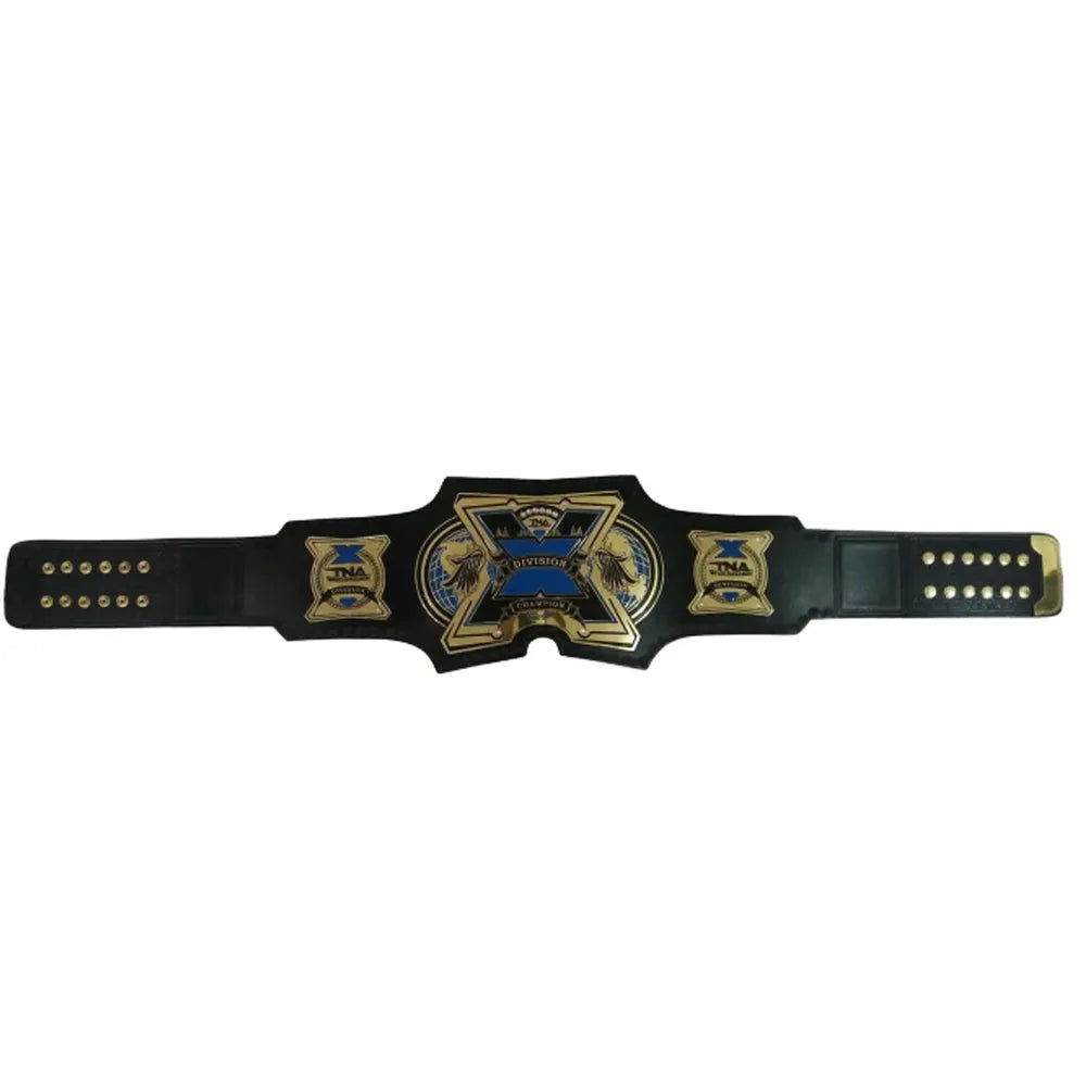 TNA X Division replica belt with black strap and gold blue detailed plates from Champions Forge