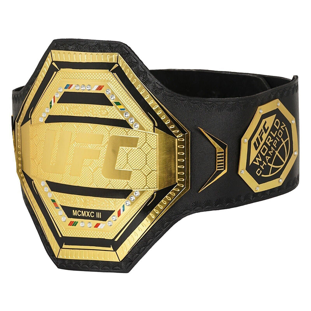UFC legacy championship belt replica with gold plates and black leather strap from Champions Forge