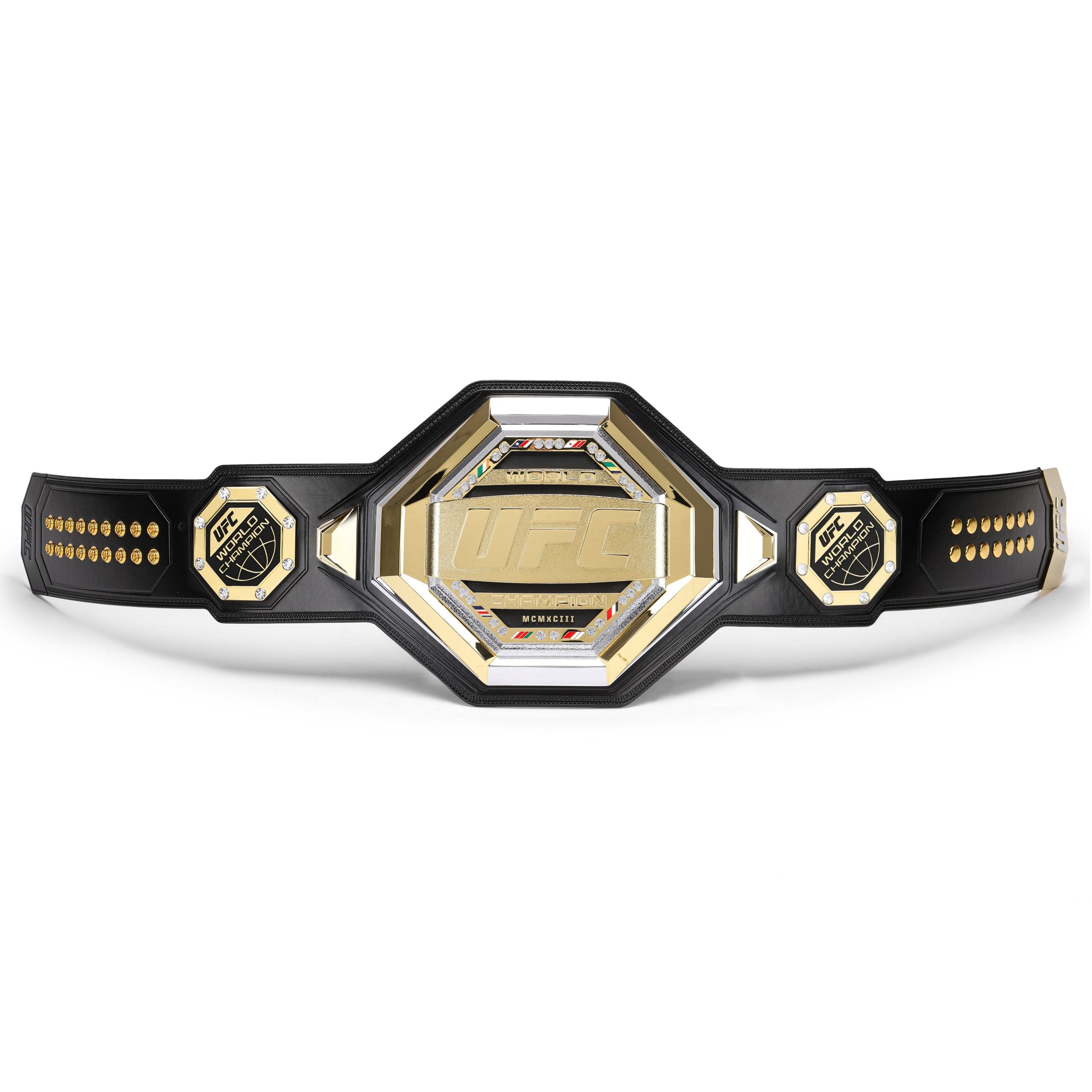 UFC legacy replica belt by Champions Forge with black strap and gold detailed center plate