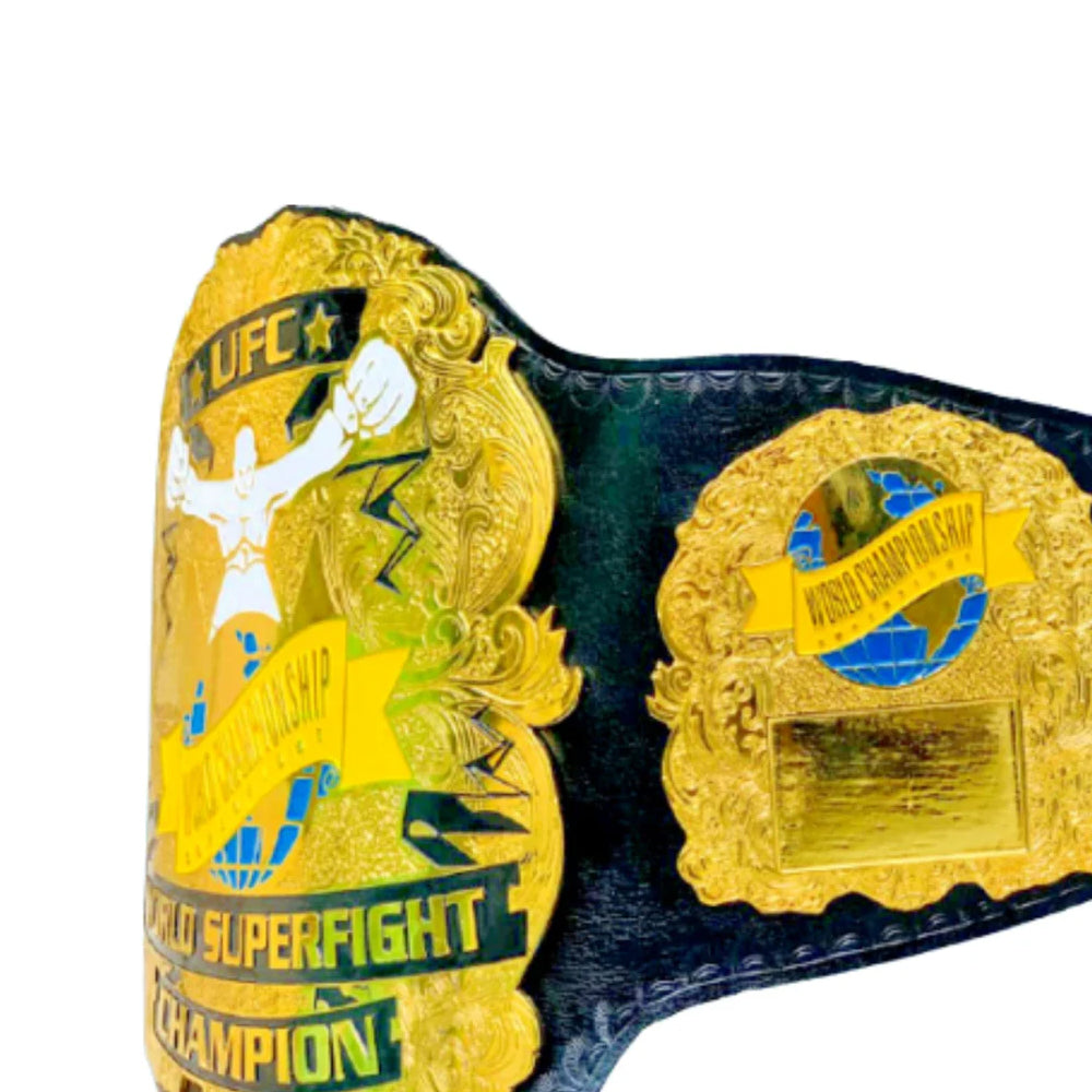 Ultimate fighting championship belt for sale with gold plates and black leather strap by Champions Forge