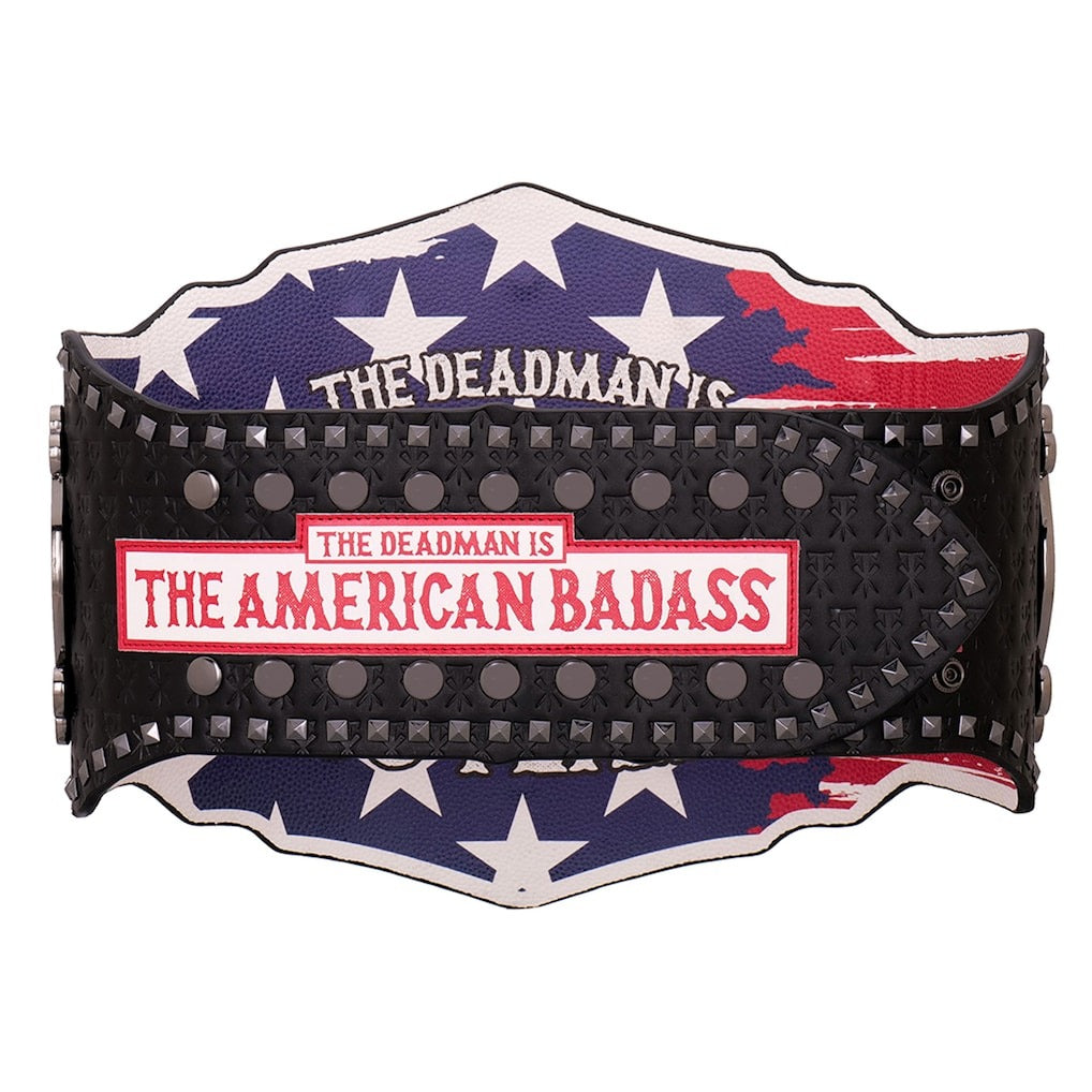 Belt with American flag design and text 'The Deadman is The American Badass' on a white background