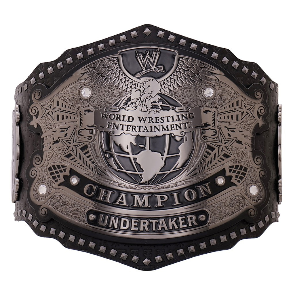 Undertaker WWE championship belt front center plate with globe design and engraved champion detailing