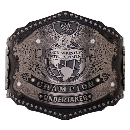 Undertaker WWE championship belt front center plate with globe design and engraved champion detailing