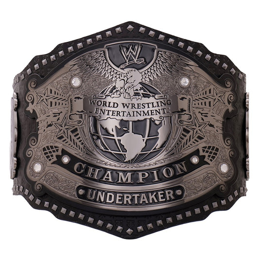 Undertaker WWE championship belt front center plate with globe design and engraved champion detailing