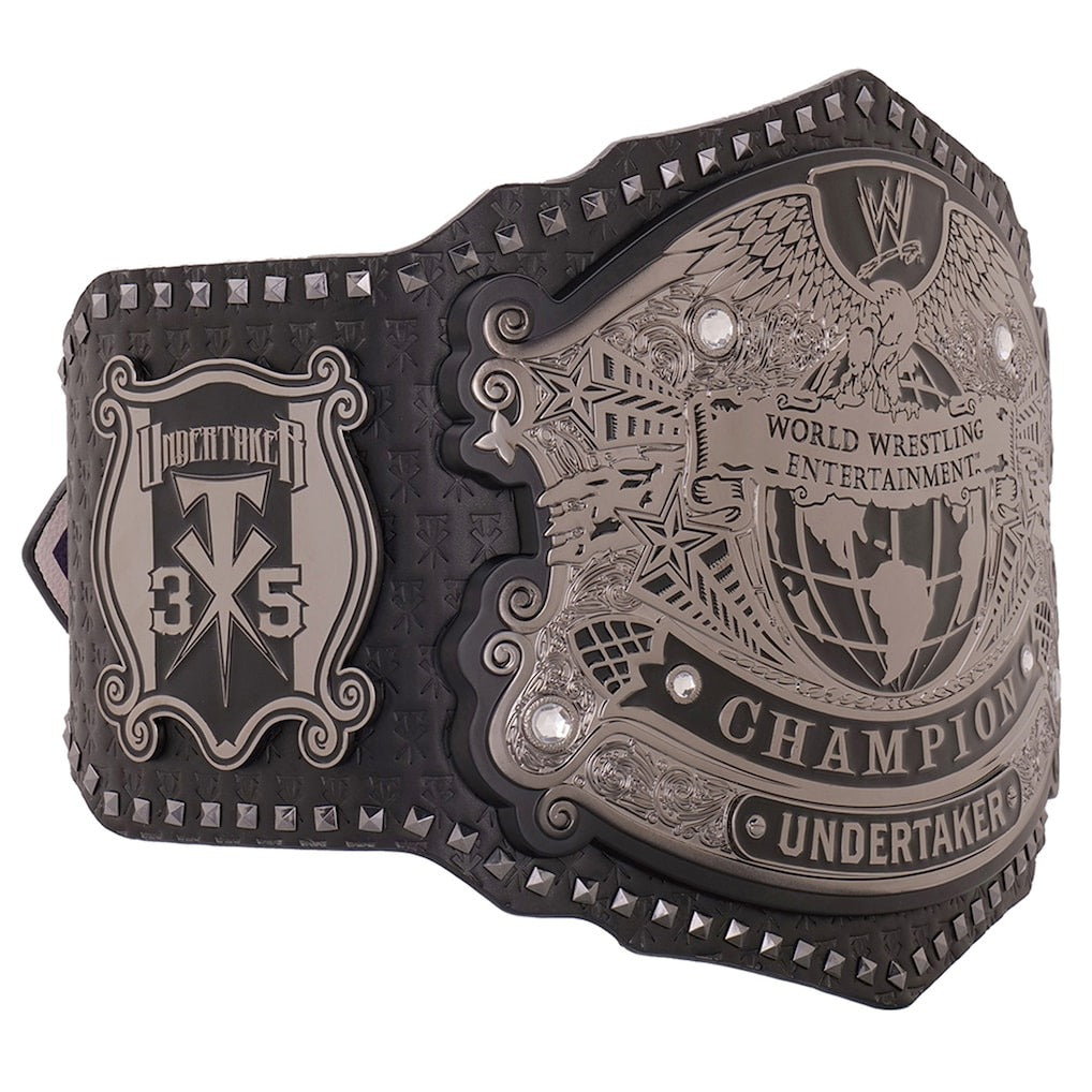 Undertaker WWE championship belt right side plate detailed metallic design close view