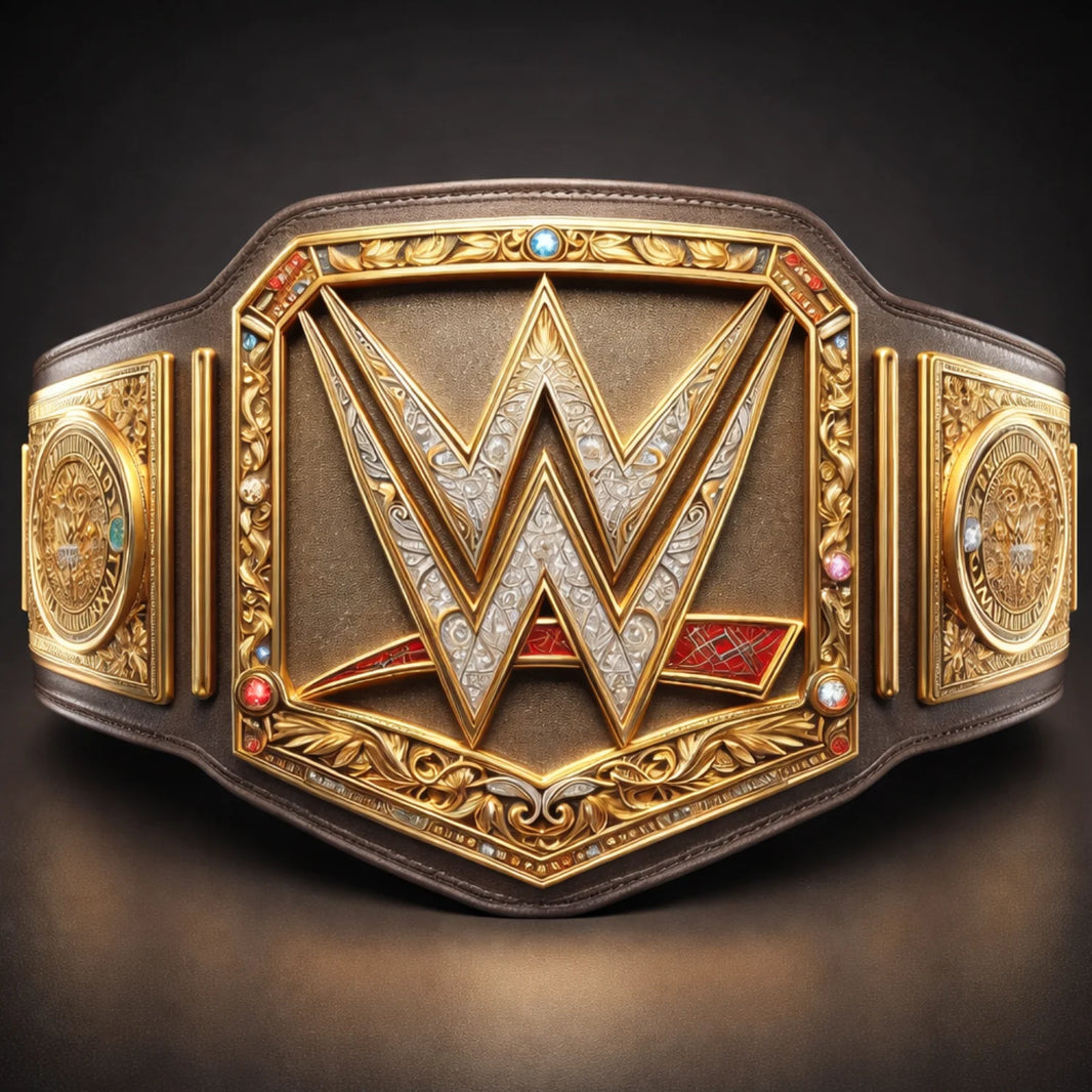 WWE Style Championship Belt with Gold Plates Intricate Engravings and Colorful Gemstones