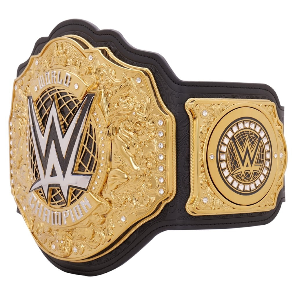 WWE World Heavyweight Championship replica belt left side plate detailed gold engraving