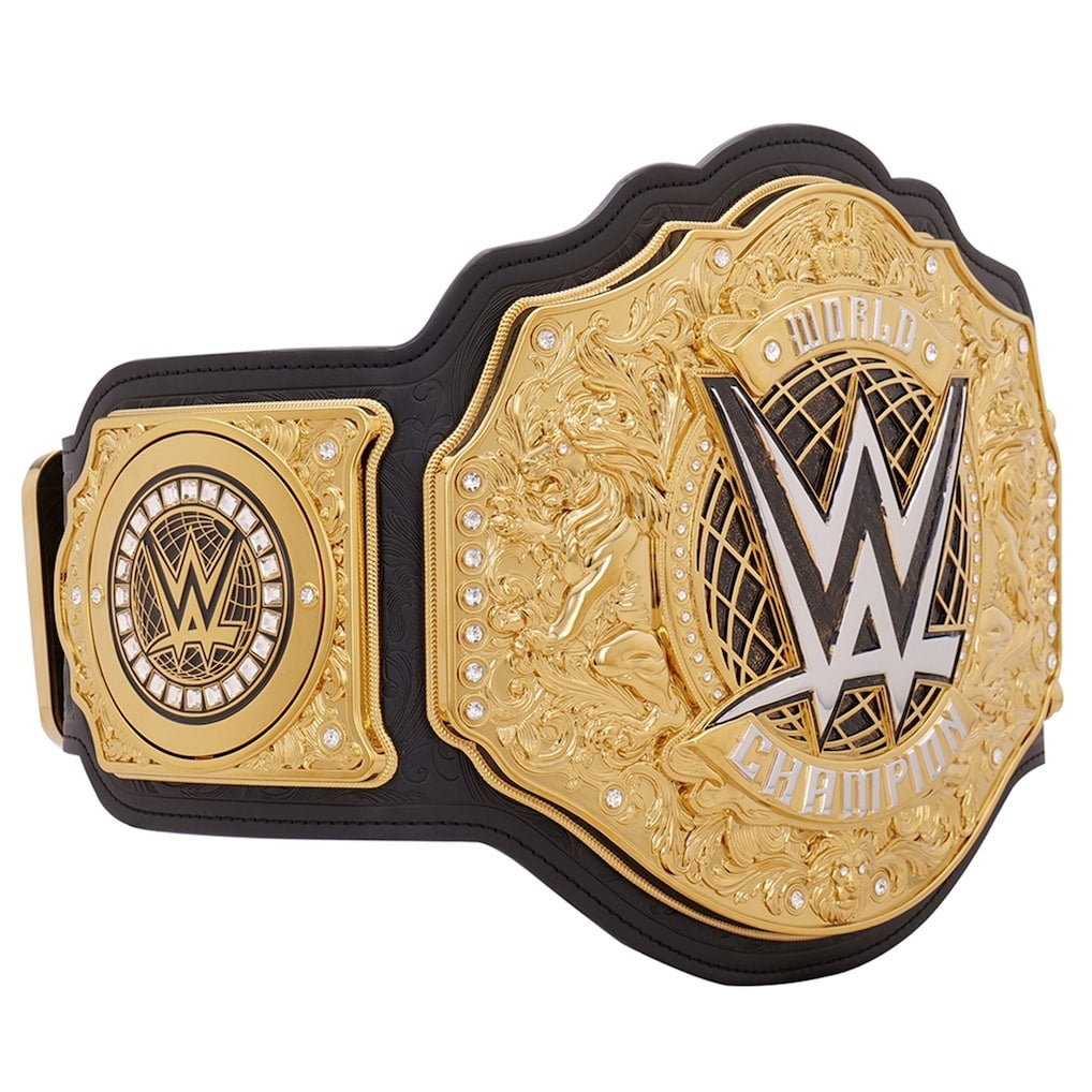 WWE World Heavyweight Championship replica belt right side plate gold finish close up